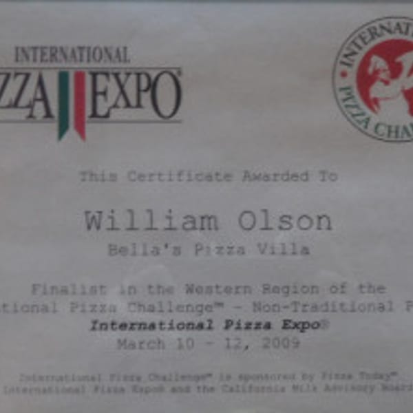 A certificate awarded to William Olson of Bella's Pizza Villa for the International Pizza Expo.