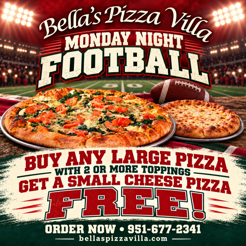 Bella’s Pizza Villa football promotion featuring two pizzas, a football stadium backdrop, and a buy-one-large-get-one-small-cheese-pizza-free offer.