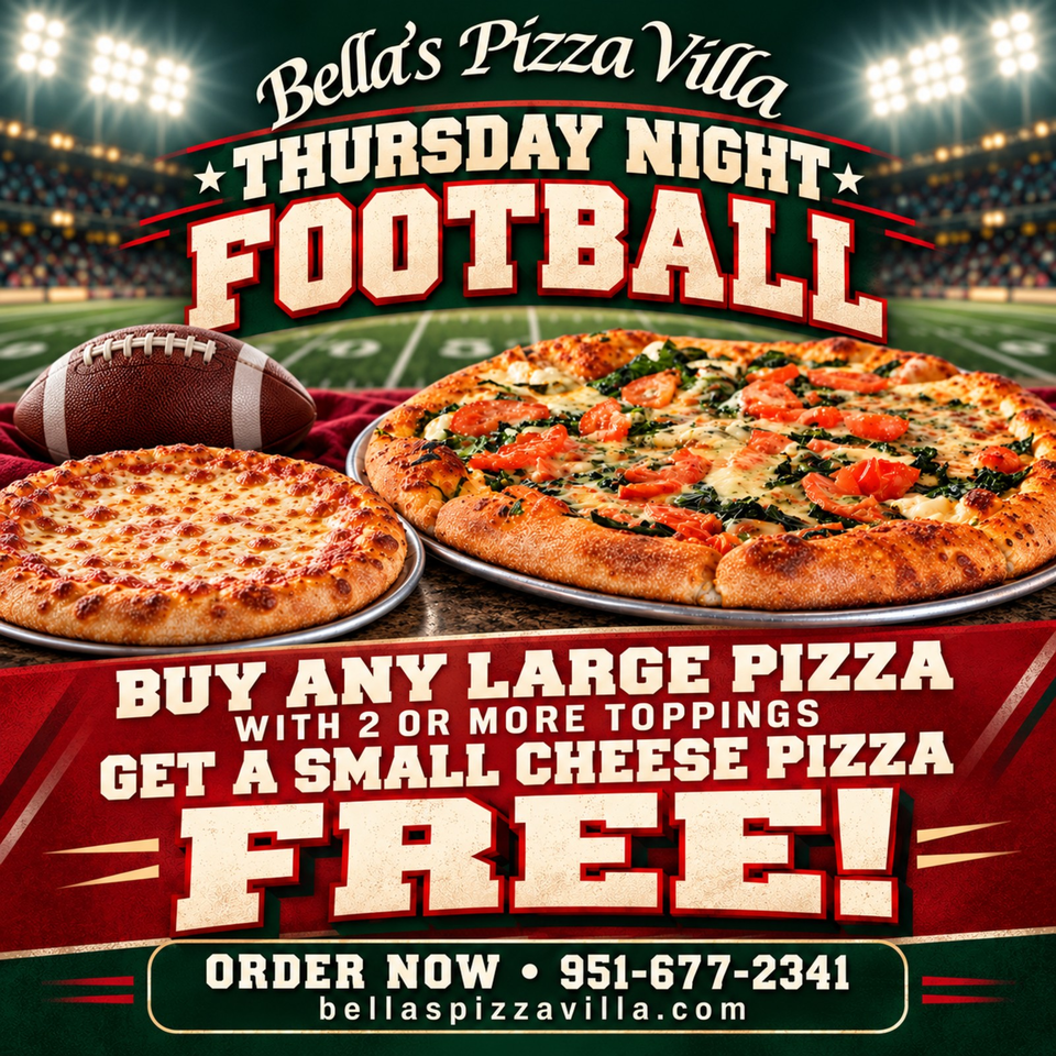 Bella’s Pizza Villa football promotion featuring two pizzas and a football in a stadium, advertising a free small cheese pizza with qualifying purchase.