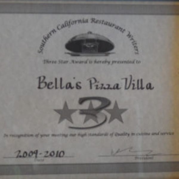 Bella's Pizza Villa's Three Star Award from Southern California Restaurant Writers for 2009-2010.