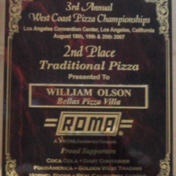 Award plaque for Bella's Pizza Villa, 2nd Place Traditional Pizza, West Coast Pizza Championships 2007.