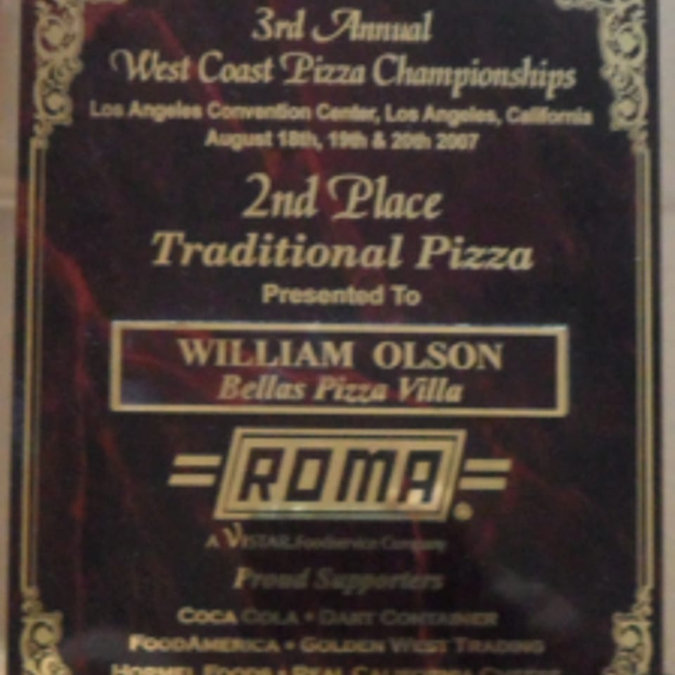 Award plaque for Bella's Pizza Villa, 2nd Place Traditional Pizza, West Coast Pizza Championships 2007.